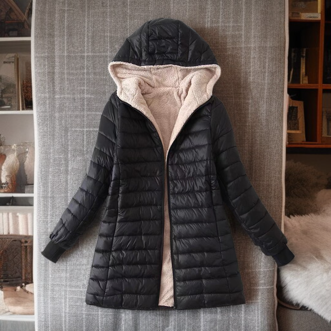 レディース厚手裏起毛フード付き中長コート スリム保温シープボア綿入りジャケット