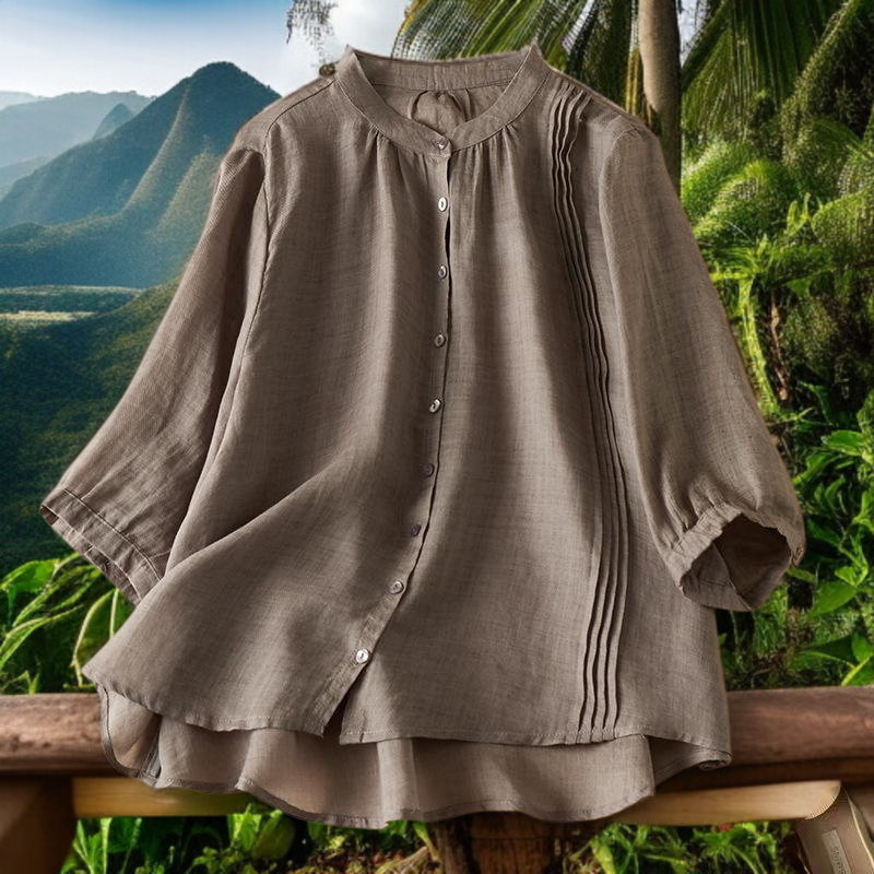 2025 여름 차이나 풍금 주름 면 마 5부 블라우스 여 여름 기질 드러나는 문예 티셔츠 블라우스 여