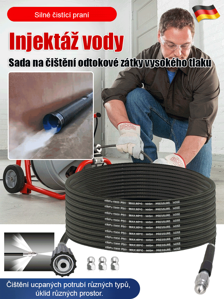 Sada pro čištění a uvolnění vysokotlakým potrubím s tryskou „Jedním stiskem čisté“ vodní krysy