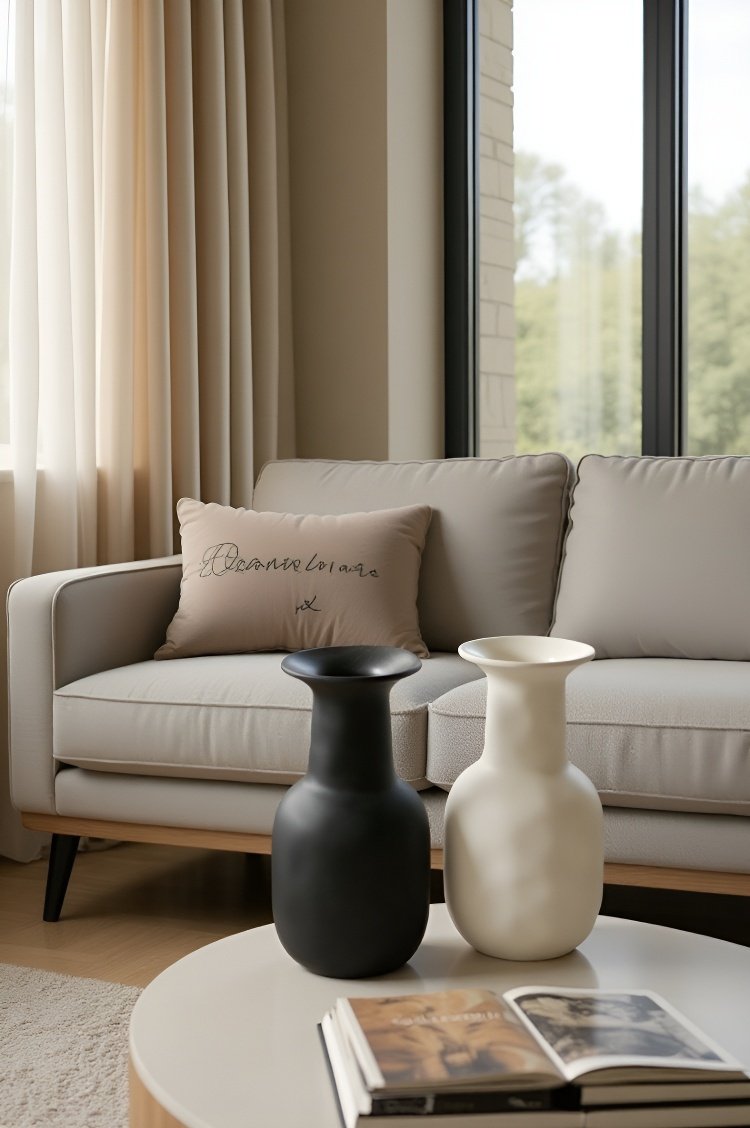 Dekorativní černobílá keramická váza na stole v moderním interiéru