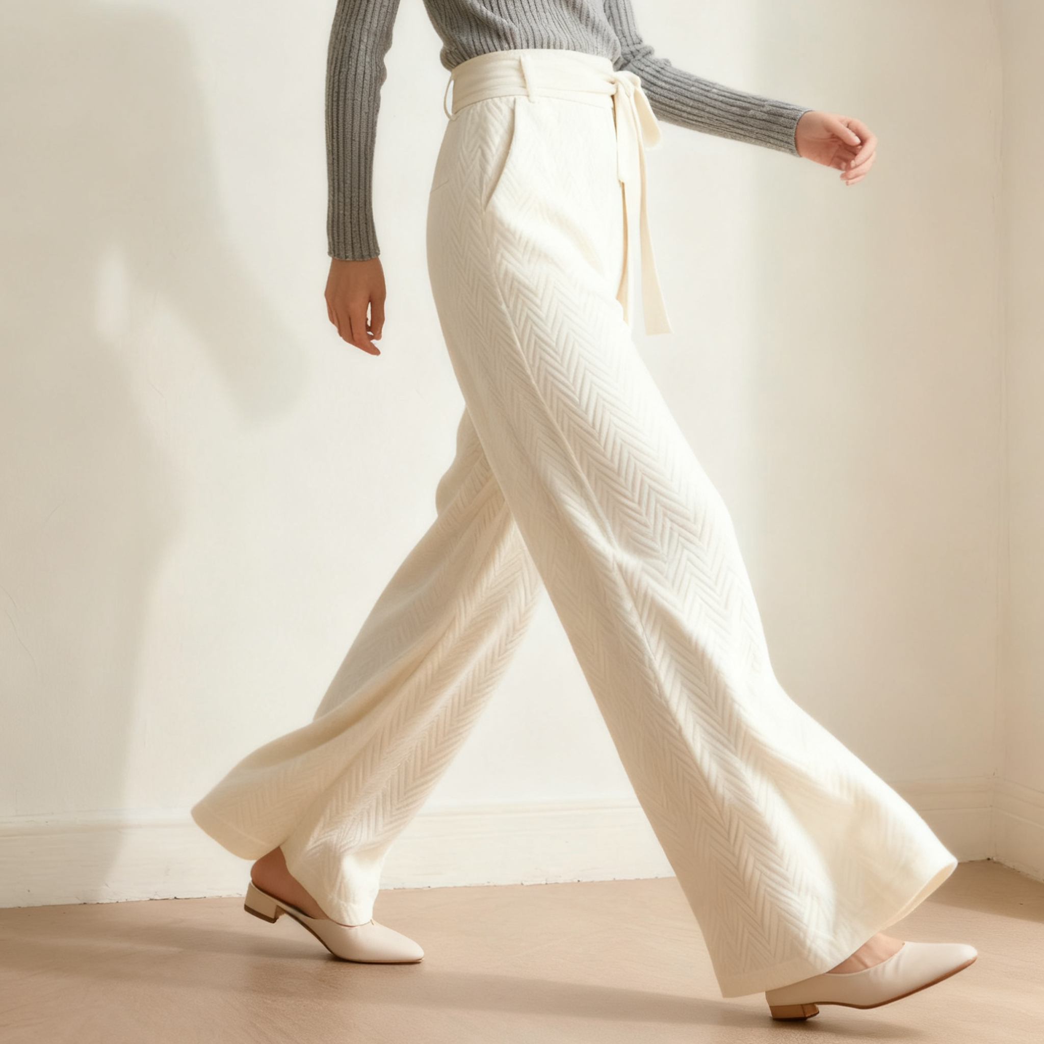 화이트 리본 와이드 팬츠 여성용