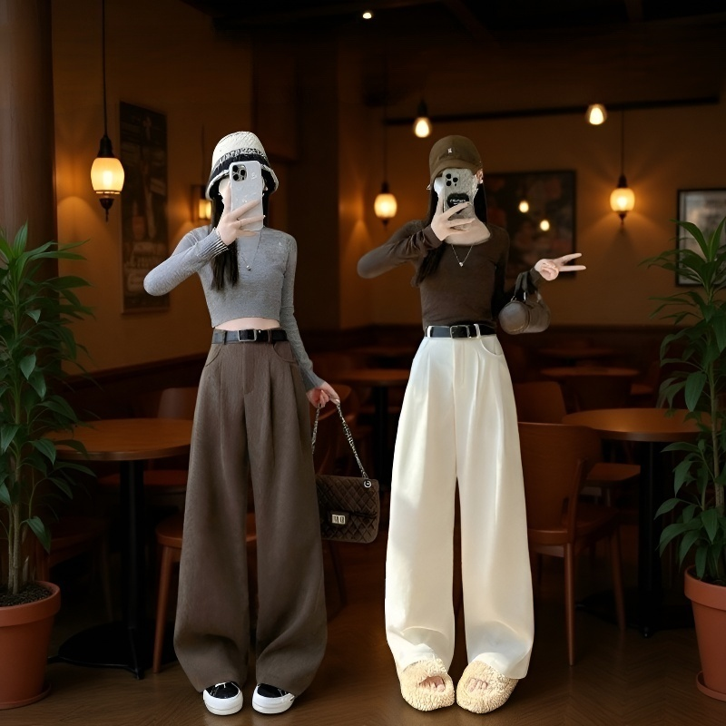 작은 키 기모 정장 바지 여 추동 날씬해 보이는 기모 바지 슬림 일자 바지 캐주얼 바지