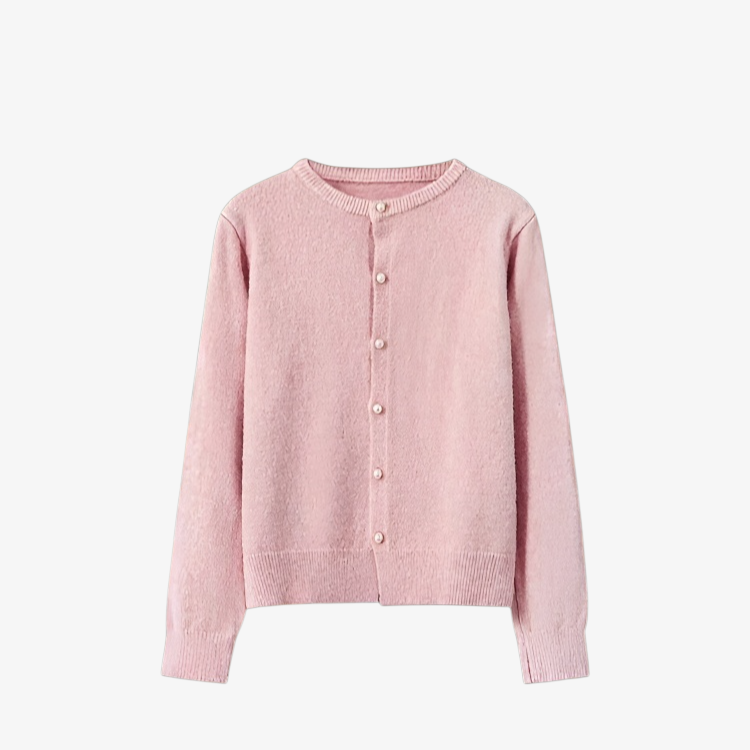 여성 니트 가디건 진주 버클 클로즈업