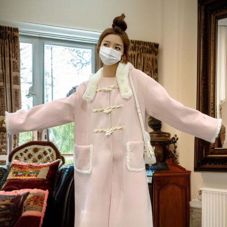 여성 모직 코트 겨울 스웨이드 핑크 롱코트