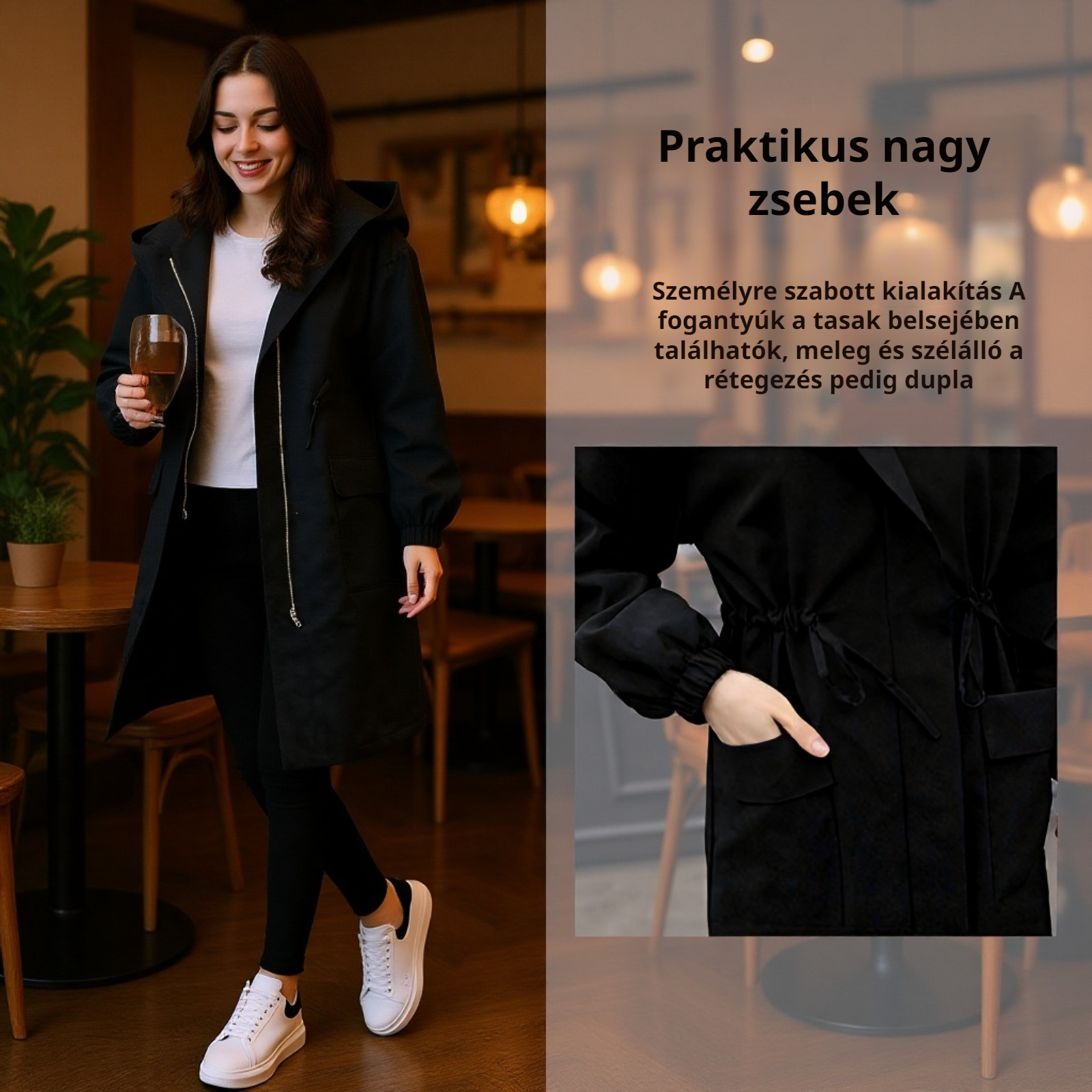 Divatos középhosszú kabát elegáns megjelenés