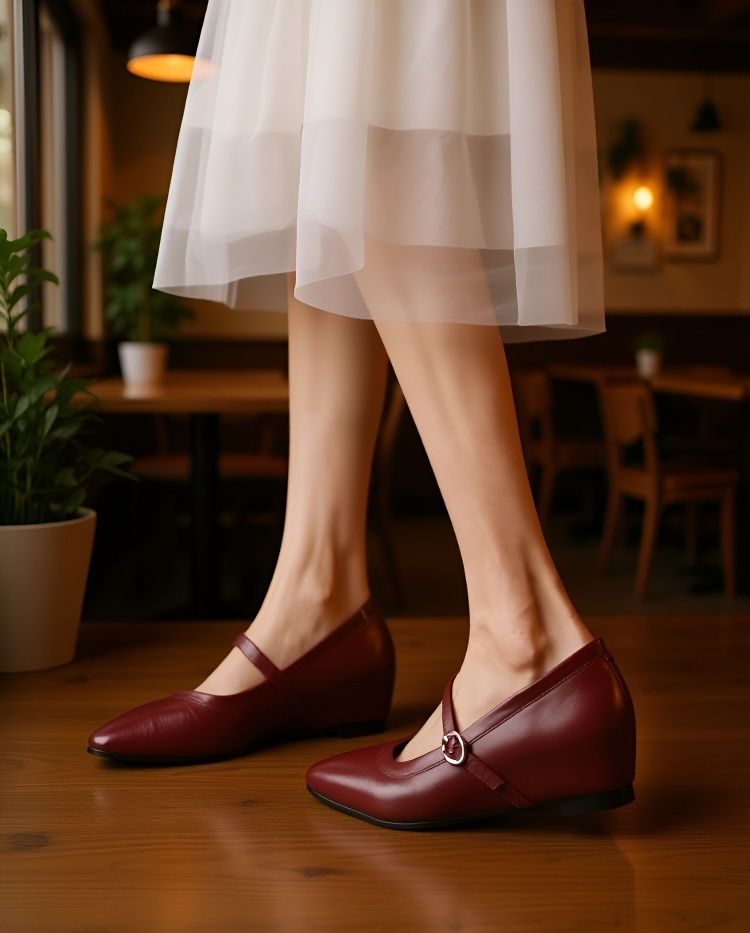 스타일리시한 레드 메리제인 슈즈 디테일