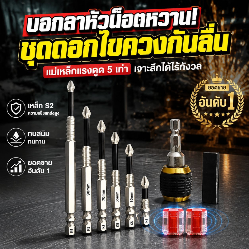 ดอกไขควงหัวแฉกแม่เหล็กป้องกันลื่นและใช้งานทนทาน ขนาดยาว 25-150 มม. ความแข็งสูง