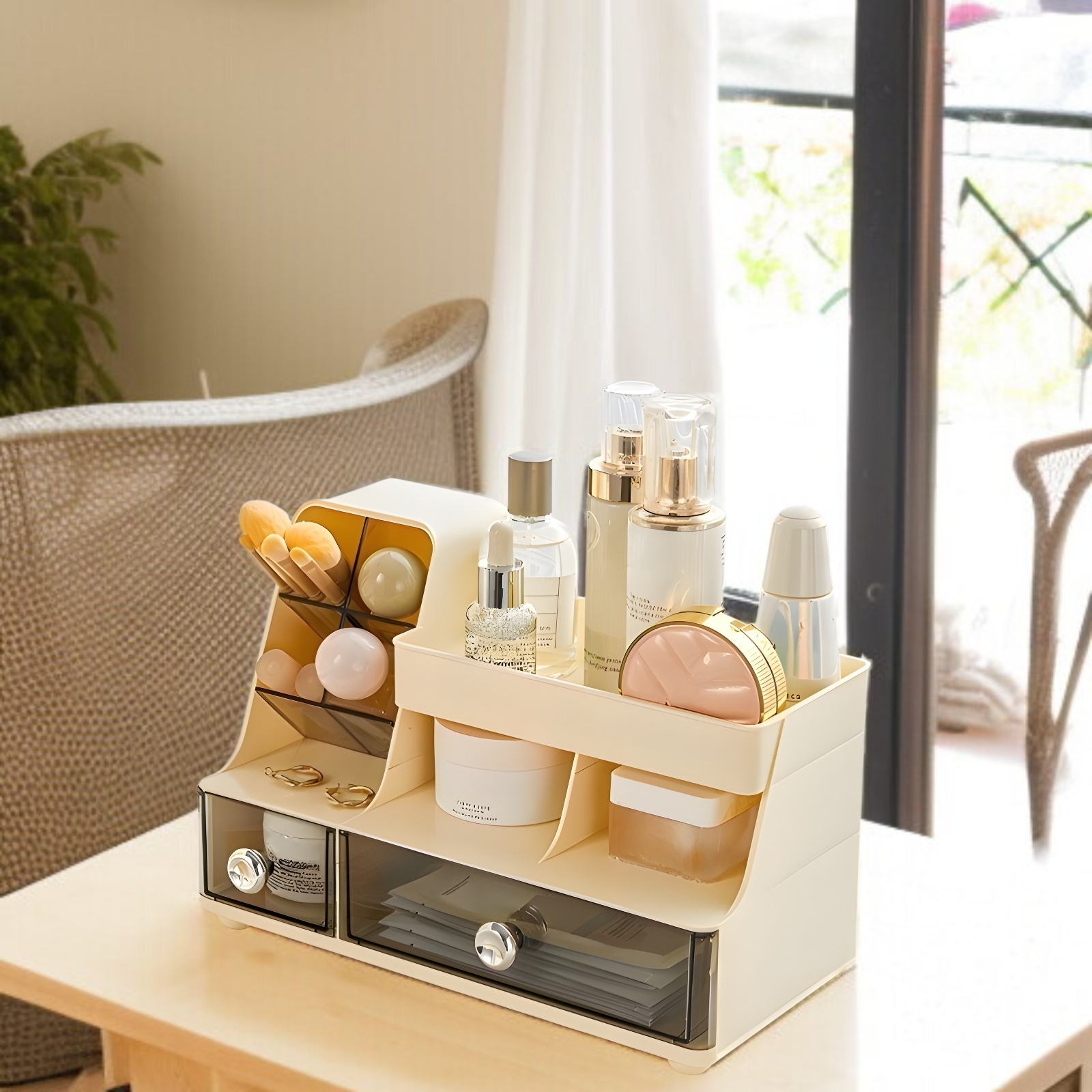 デスクトップコンパートメント収納ボックス軽量高級化粧品ラック寝室用メイクブラシ収納バケツ引き出し収納ボックス