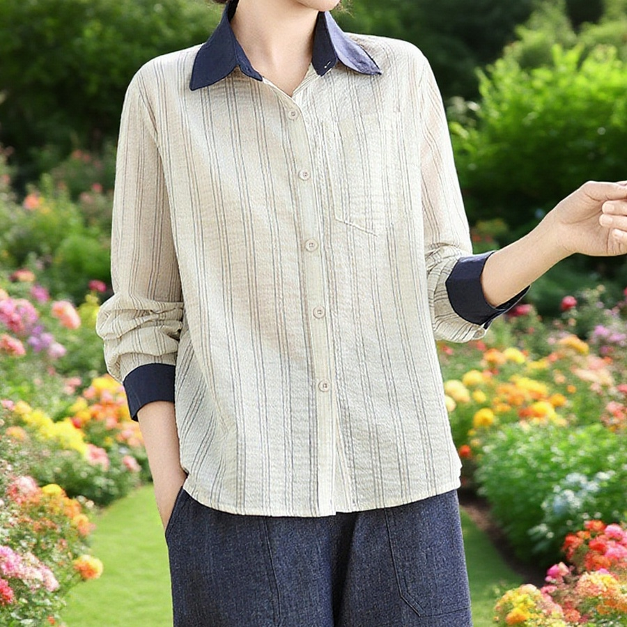 여성 빈티지 스트라이프 루즈핏 터틀넥 긴팔 셔츠