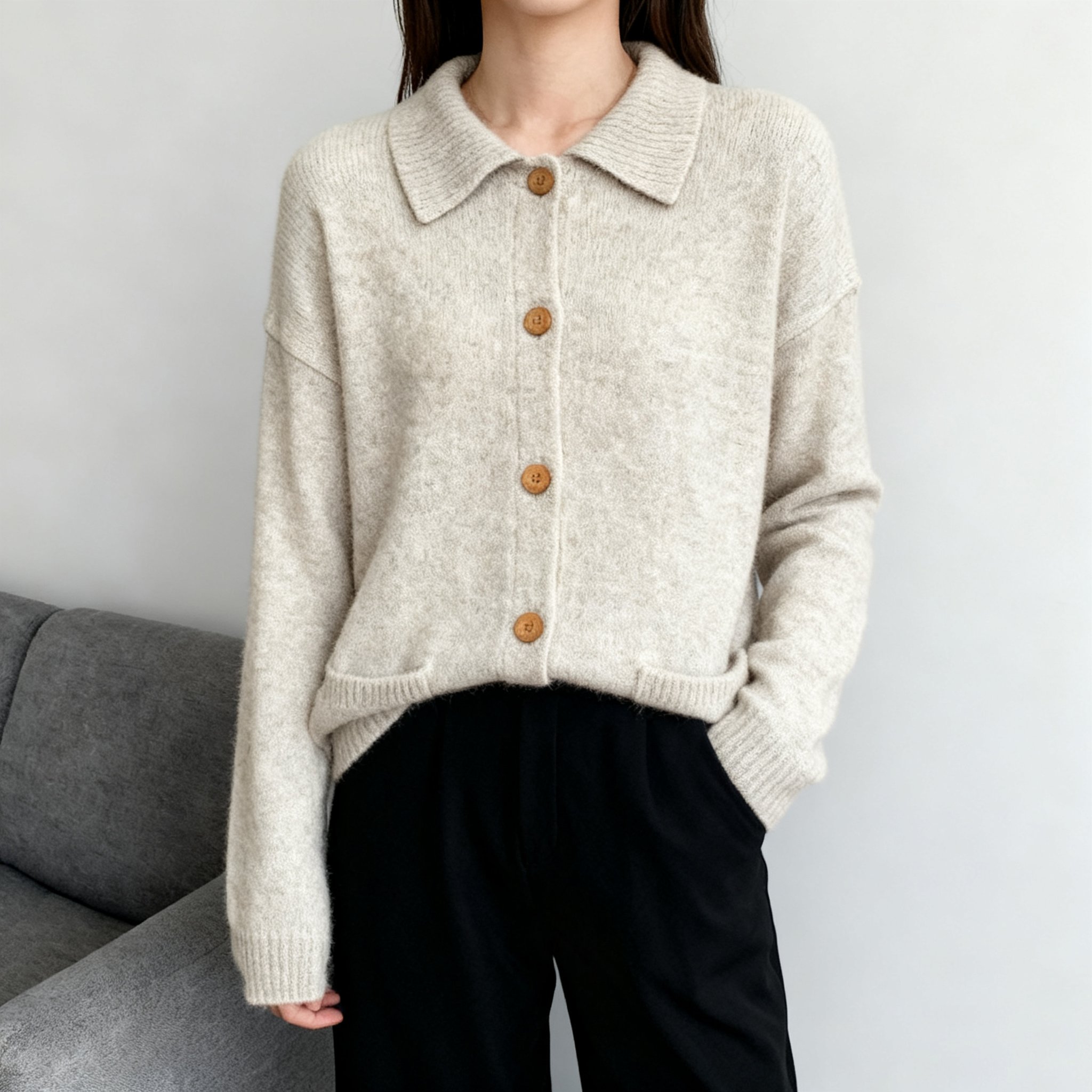 柔らかい素材の襟付きカーディガン