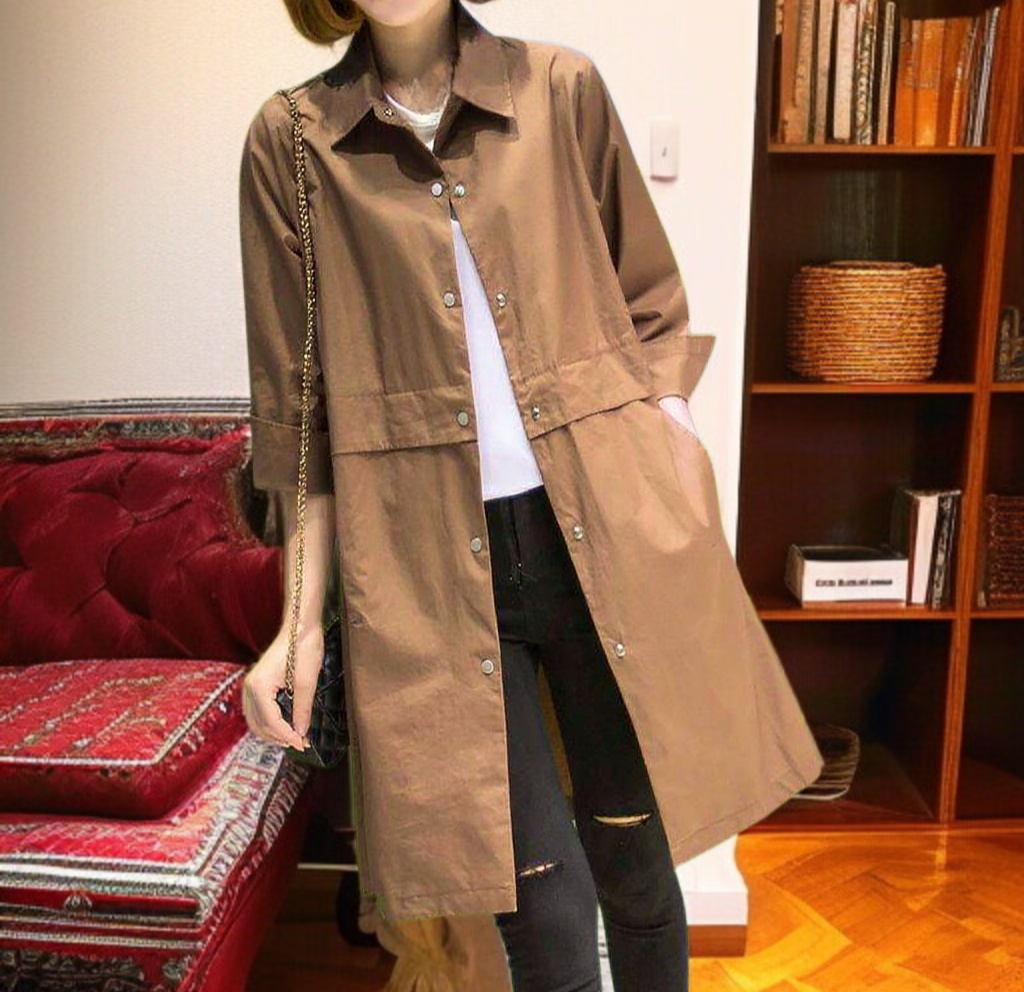 여성 미디엄 롱 트렌치코트 허리 벨트 스타일