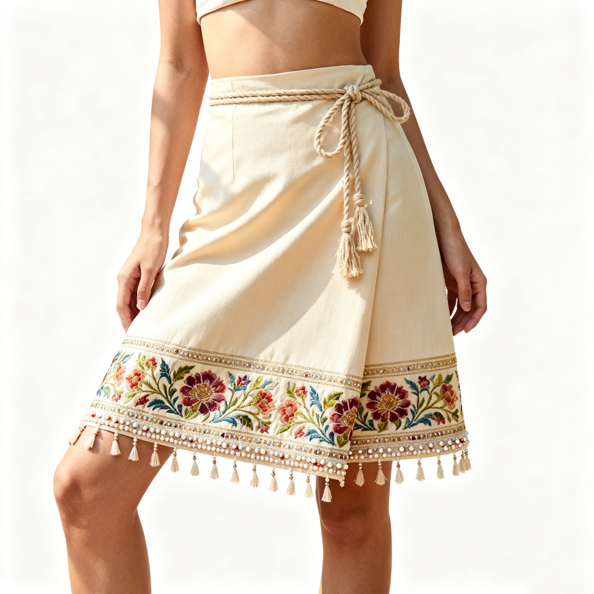 กระโปรงครึ่งตัวดีไซน์ปักลายละเอียดและประดับด้วยพู่