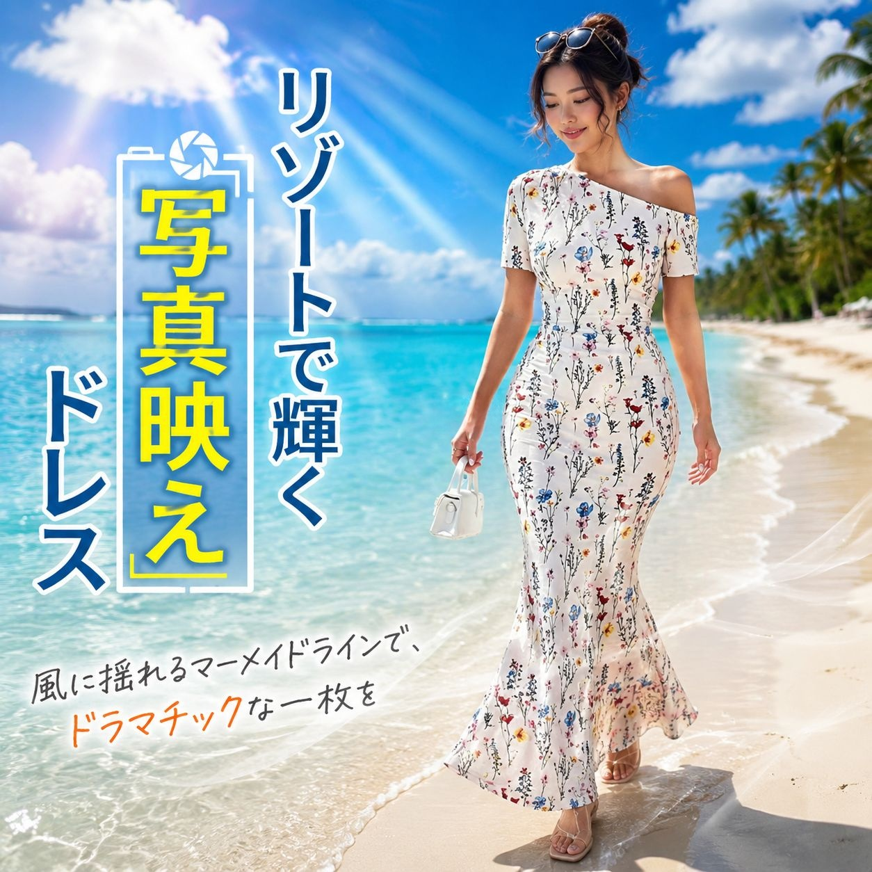 スリムウエストプリーツ花柄マーメイドイブニングワンピース