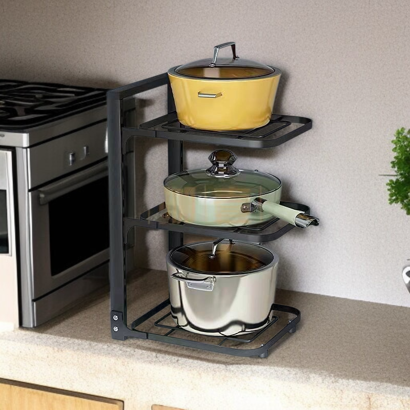 キッチン多段棚高さ調節可能収納棚 フライパンクリップオーガナイザー シンク下コーナー折りたたみキッチンポットラック