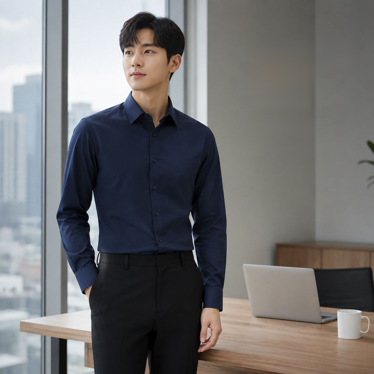 남성용 긴팔 단색 셔츠