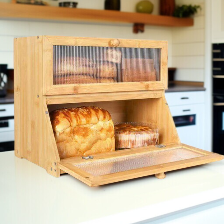 Double-layer bamboo bread box acrylic detachable fruit storage box solid wood snack bread box storag