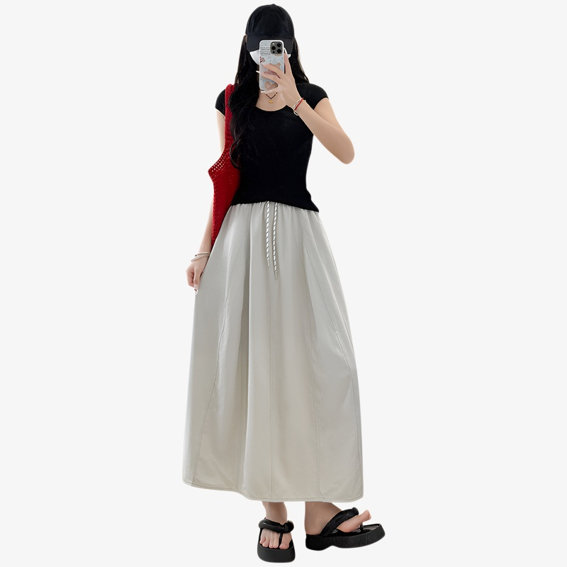 夏用アイスシルクロングフレアスカート 低身長/高身長対応 ゆったりAライン 体型カバー ドローストリング＆ポケット付き