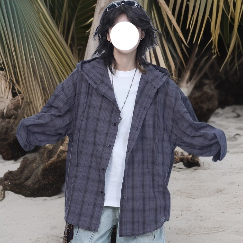 男性用グレーのフード付きチェック柄長袖シャツ、高級でハンサムな日焼け防止シャツ、ゆったりとしたゆったりとしたドレープのカジュアルジャケット