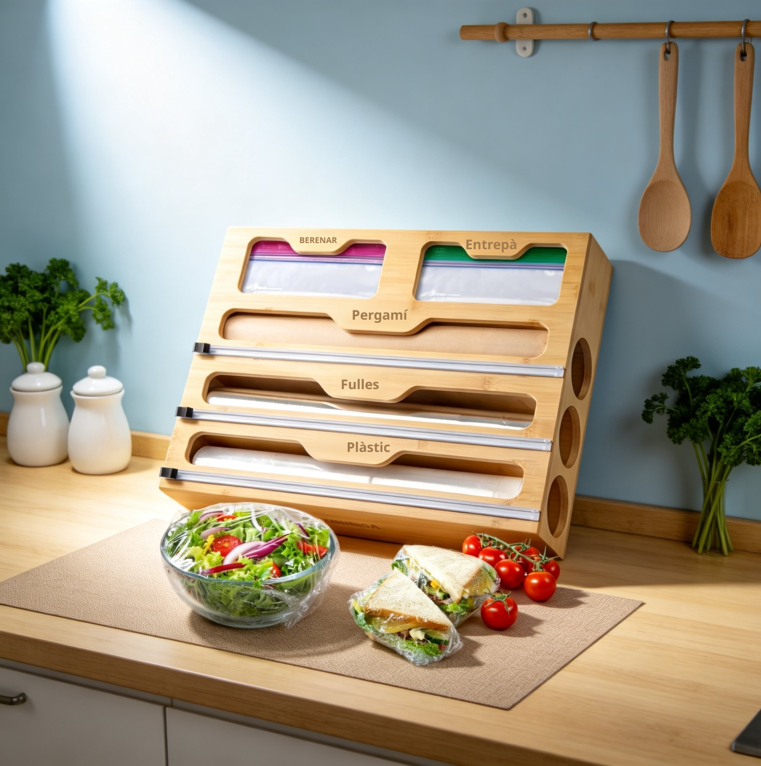 Dispositiu de bambú per a emmagatzemar i tallar paper d'alumini