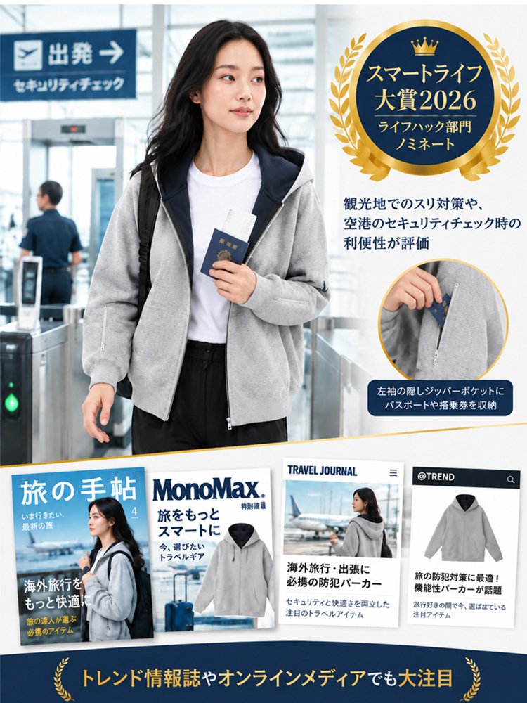 【防犯隠しポケット付き！】 バイカラージップパーカー