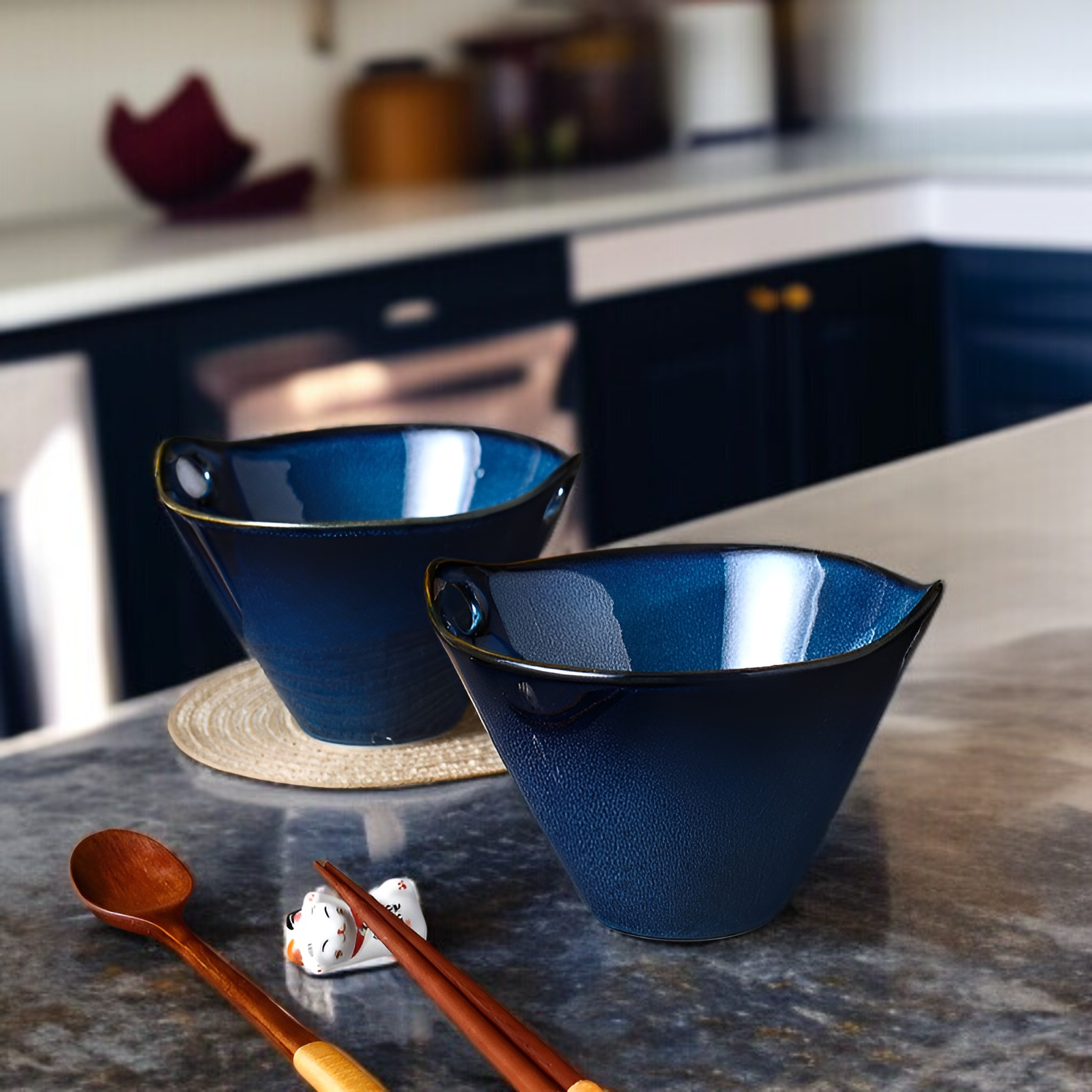 Japanese kiln noodle bowl ceramic hat bowl household ramen bowl double ear bowl creative tableware e