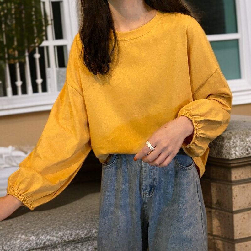 여성 얇은 맨투맨 가을 날씬해 보이는 루즈핏 벌룬 소매 긴팔 티셔츠 맨투맨 여성 맨투맨