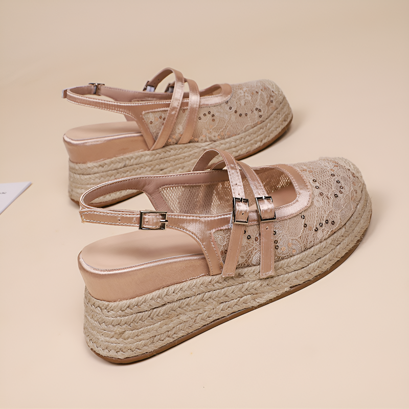 ウェッジヒールサンダル、レディース用クローズドトゥサンダル、2025年新作サンダル、フレンチハイヒールプラットフォームシューズ、スパンコールダブルバックルウェッジヒールサンダル