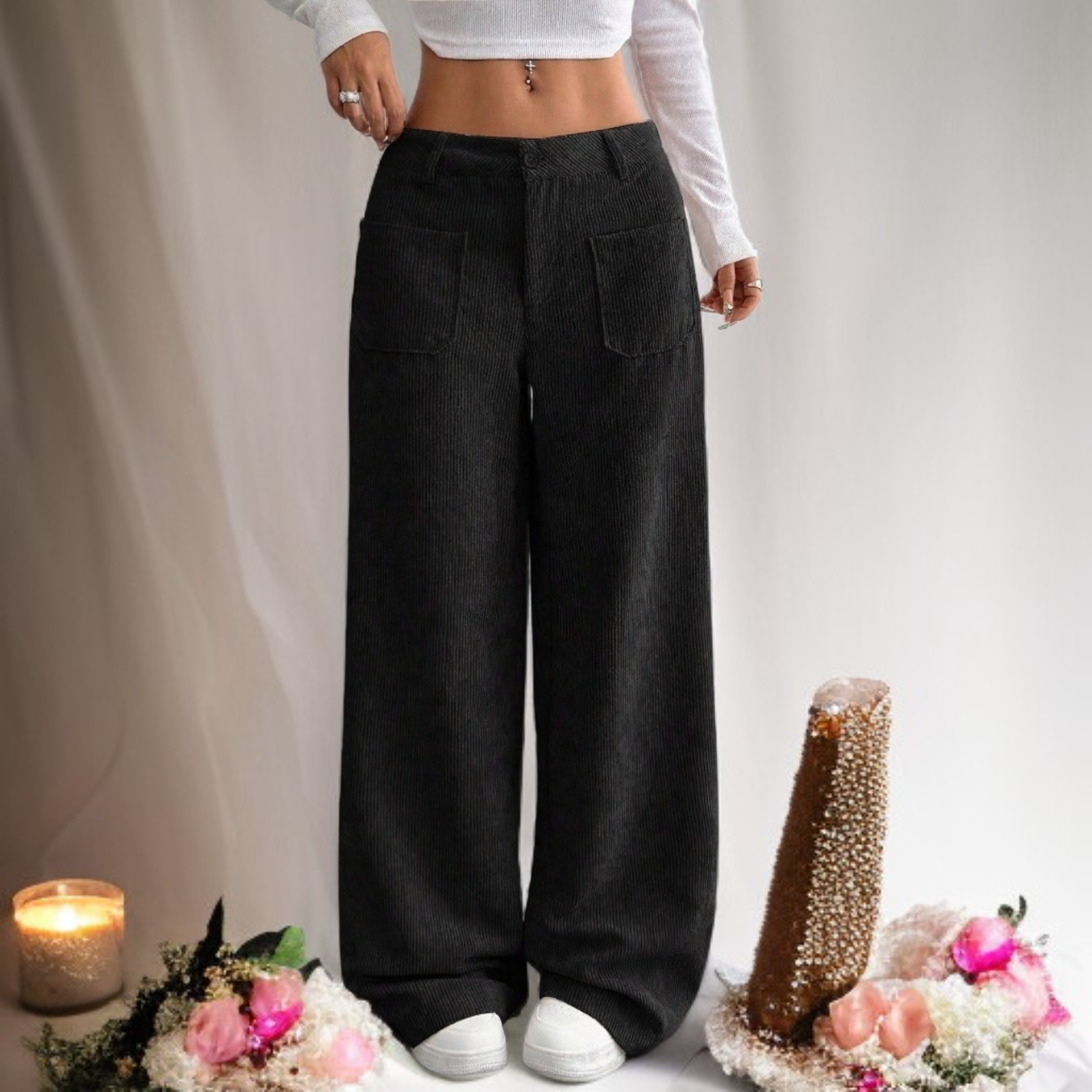 ゆったりシルエット無地ストライプワイドパンツ