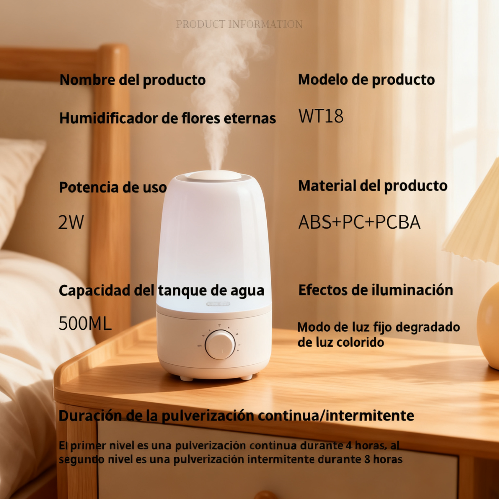 Mini humidificador para oficina y hogar con flor eterna y luz ambiental de siete colores