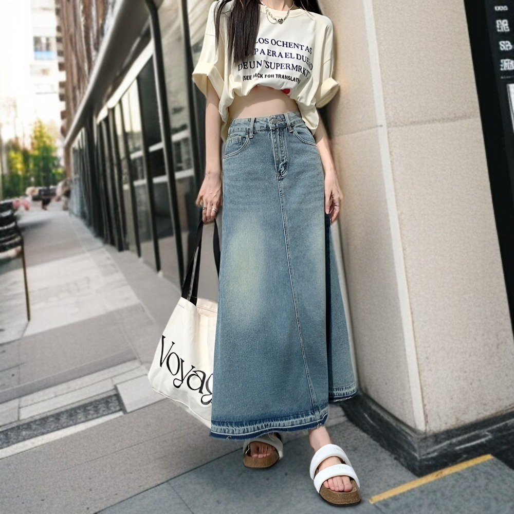 여자 가을 퍼 트리밍 하이웨스트 날씬 롱스커트 여성 A라인 롱스커트 왕단 롱스커트 데님 스커트 세트