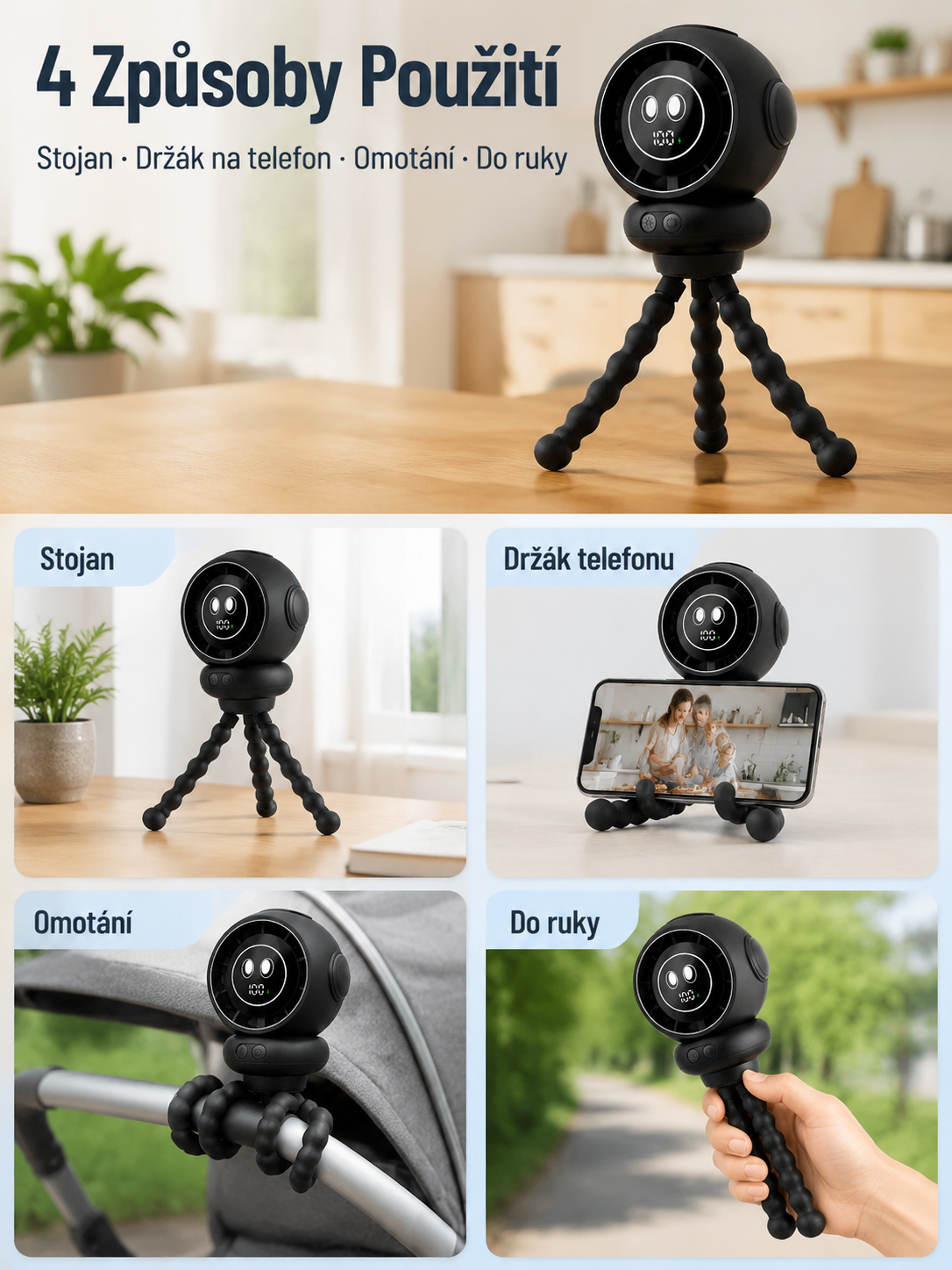 Ventilateur Portable Octopus Mignon, 4 Pouces, Puissance Élevée, Veilleuse, pour Poussette