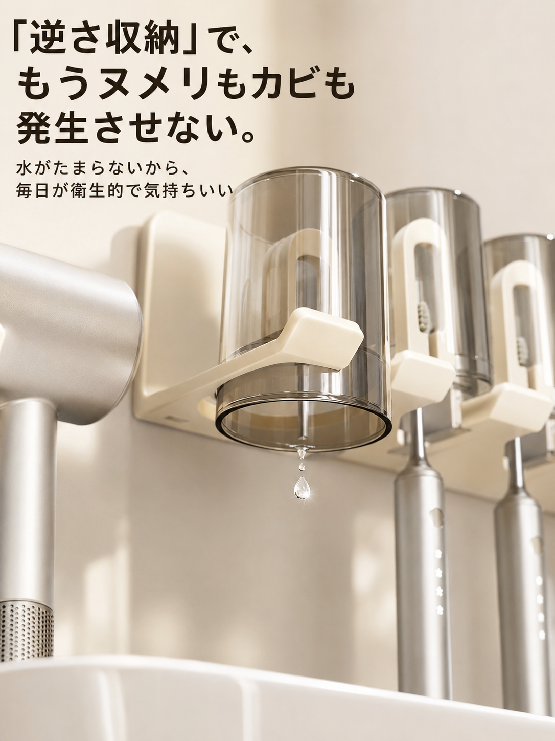 ノンホール電動ドライヤー歯ブラシホルダー コップ一体型バスルーム壁掛け収納ラック