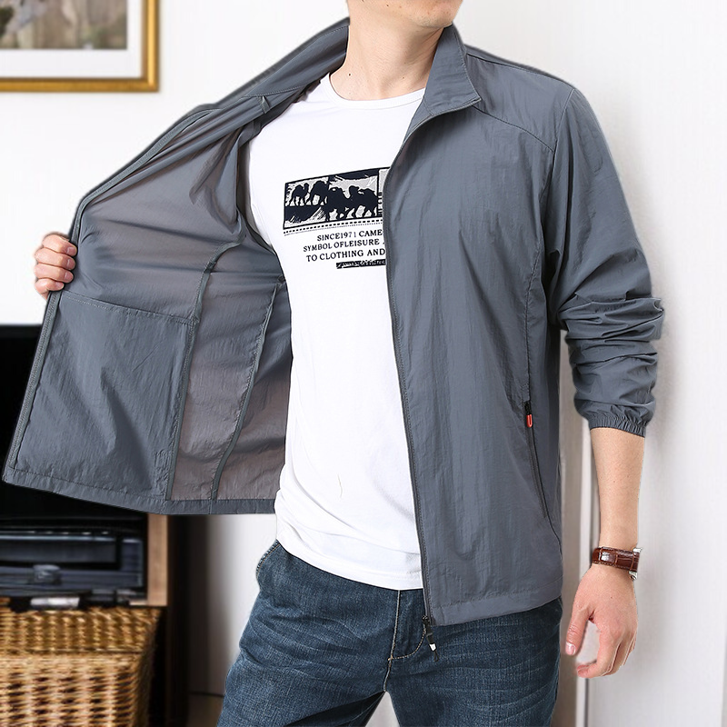 夏の屋外アイスシルク速乾日焼け止め服 薄手ジャケット スタンドカラー サンウェア 通気性アウター メンズ アウトドア サンウェア