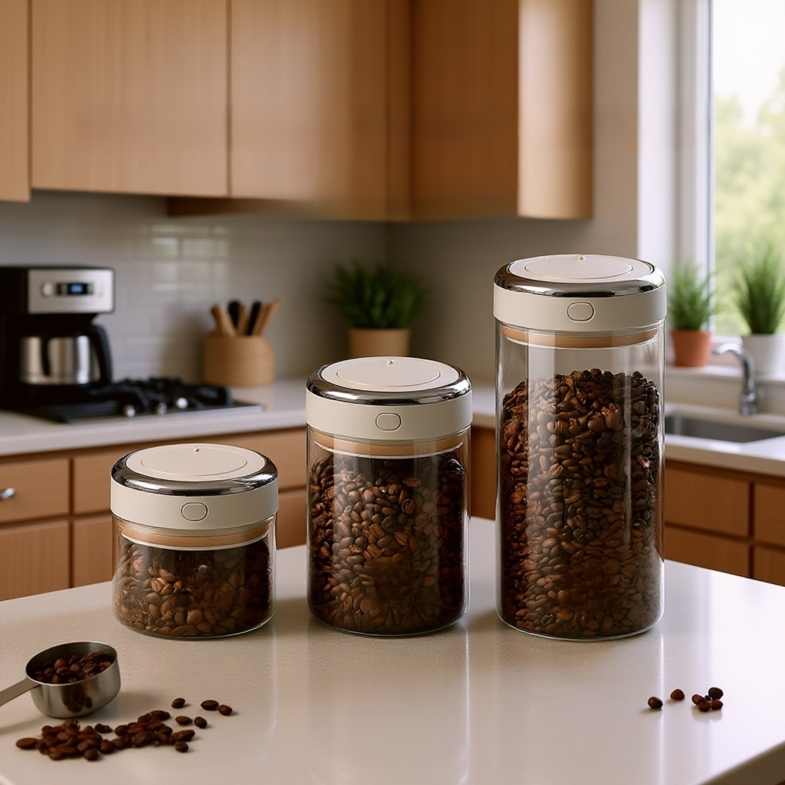 Transparent sealed jar for fresh coffee beans