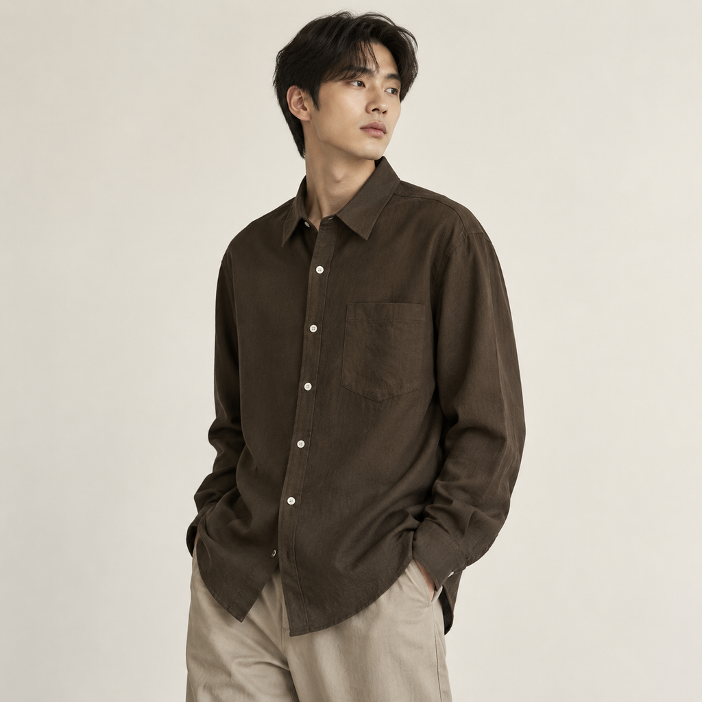 린넨 코튼 남성용 긴팔 셔츠 봄가을 한국 스타일