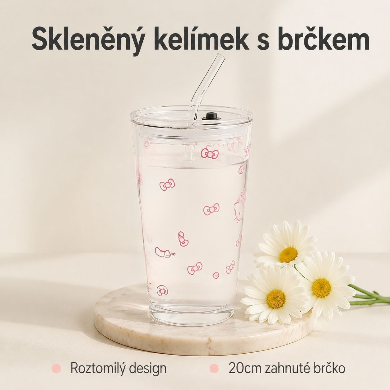 Skleněný pohár s brčkem KT kočka, velkokapacitní domácí hrnek na pití