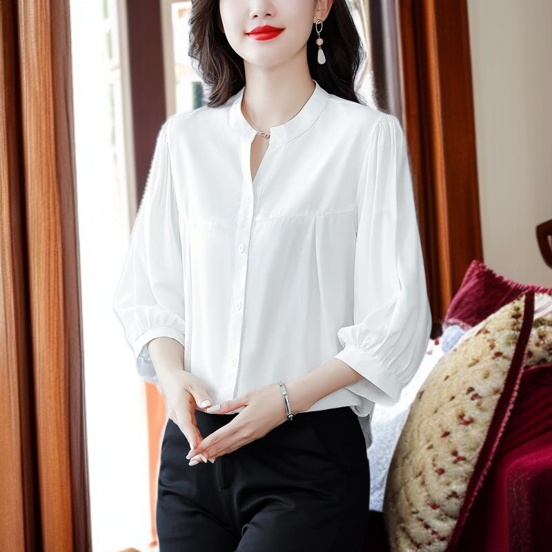 면 마 셔츠 여 린넨 상의 고급 반팔 칠부 소매 엄마 루즈핏 배 가리개 블라우스 고급스러움