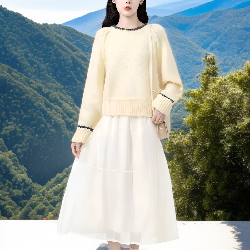 ラウンドネック カラーブロック プルオーバー ニット セーター 韓国風 ファッショナブル デザイン 長袖 セーター トップス ゆったり フィット 快適 暖かく 防寒