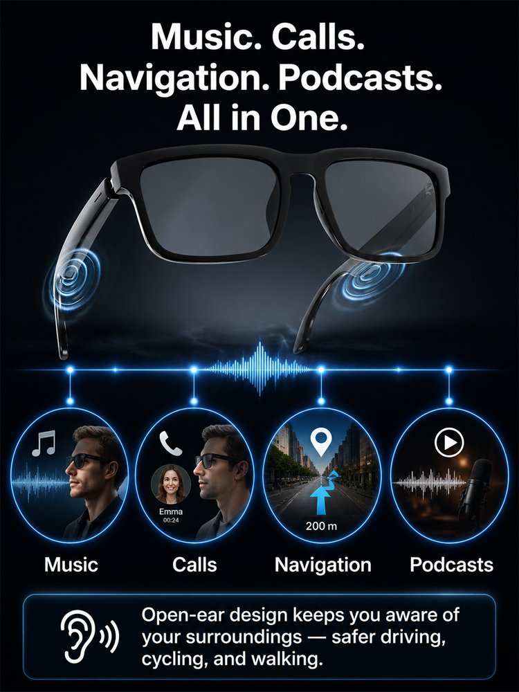 Smart glasses music calls navigation and podcasts