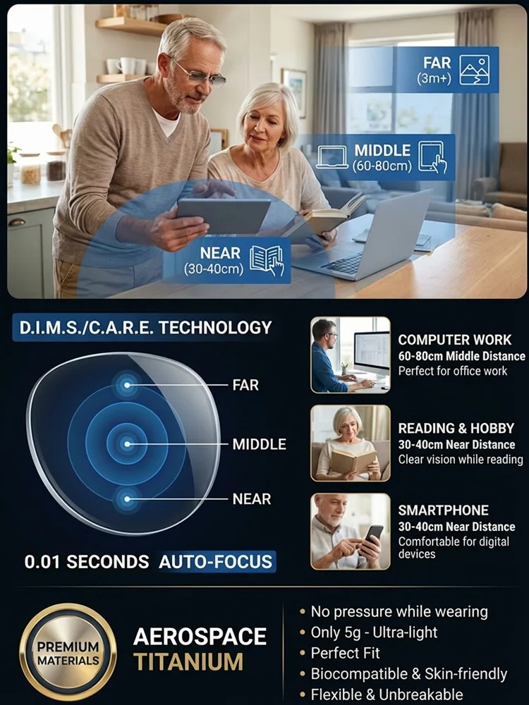 【A Single Pair for Both Near and Far Vision】Pure Titanium Frameless Blue Light Blocking Reading Glas