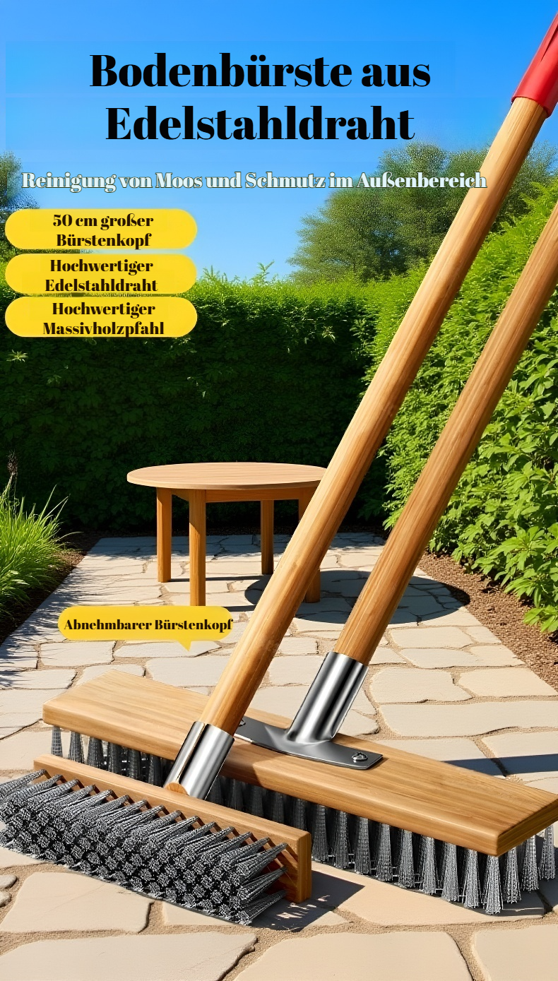 Edelstahl-Bodenbürste mit großem Drahtbürstenkopf auf Fliesenboden