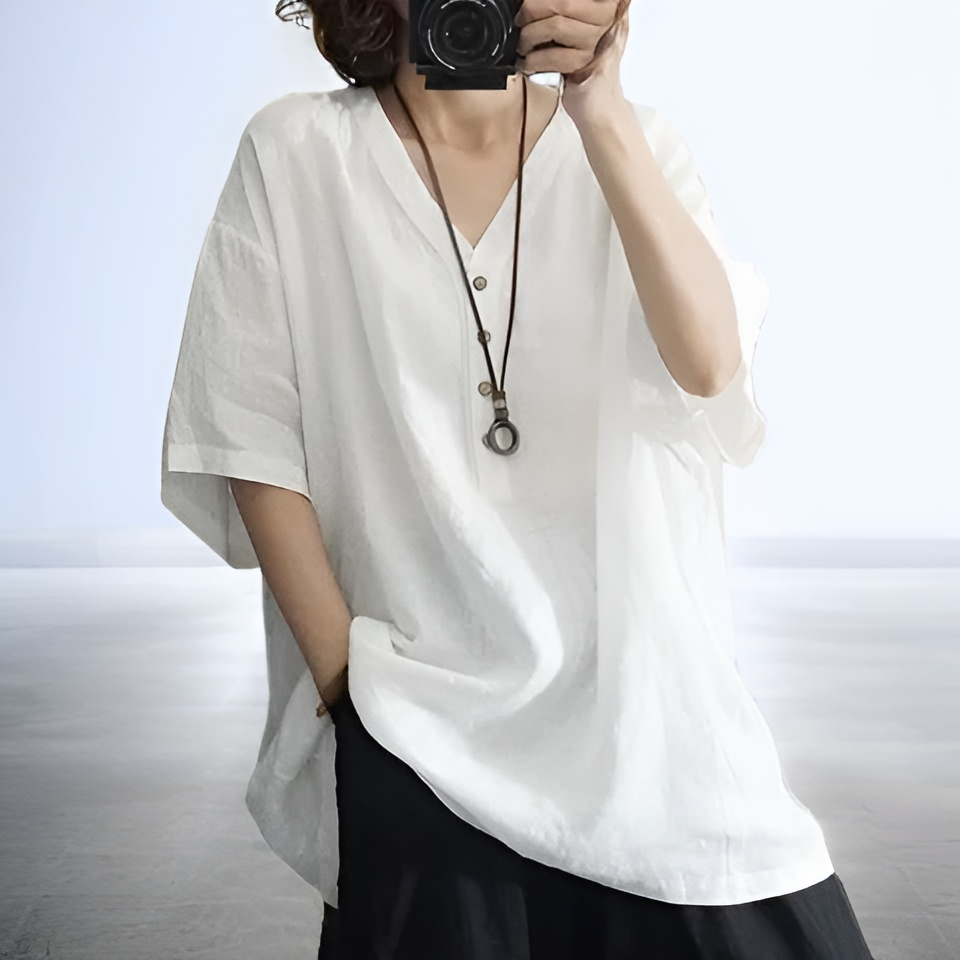レディース Vネック ゆったりカジュアル コットンリネン 半袖トップス