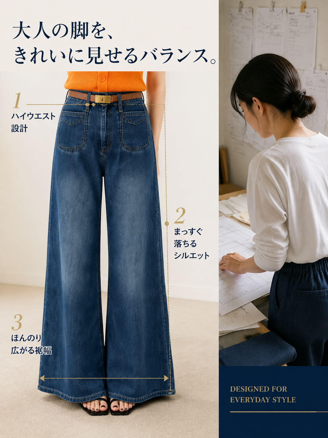 Monolly ヴィンテージ風 ハイウエスト 美脚セミフレアデニム