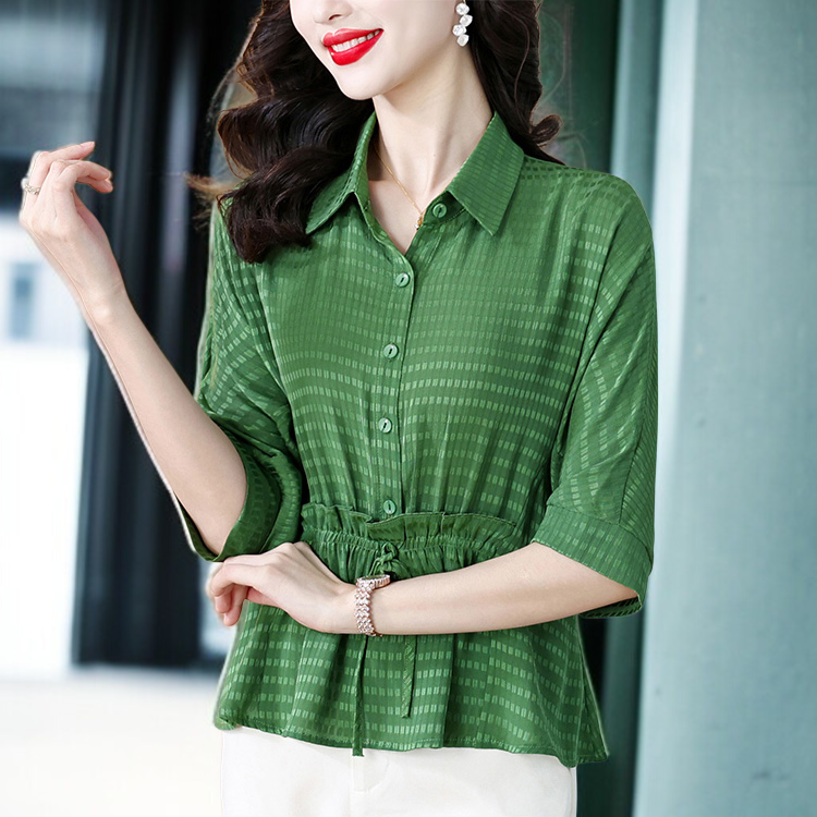 디자인 5부 소매 실크 셔츠 여름 상의 여 루즈핏 여성 캐주얼 얇은 티셔츠 돌넥 조거 실크 셔츠