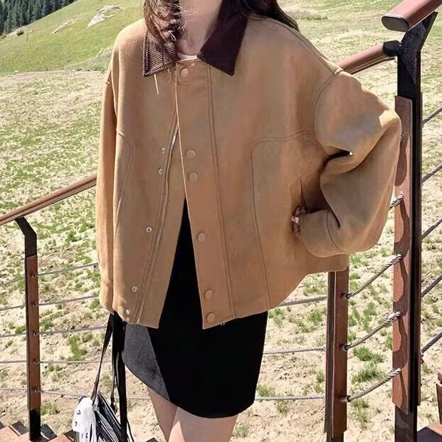 Women's Autumn Candy Color Suede Short Vintage Button Collar Jacket