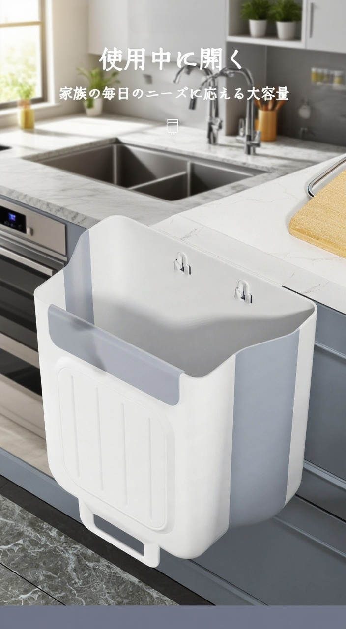 キッチンに設置された壁掛けゴミ箱の使用イメージ