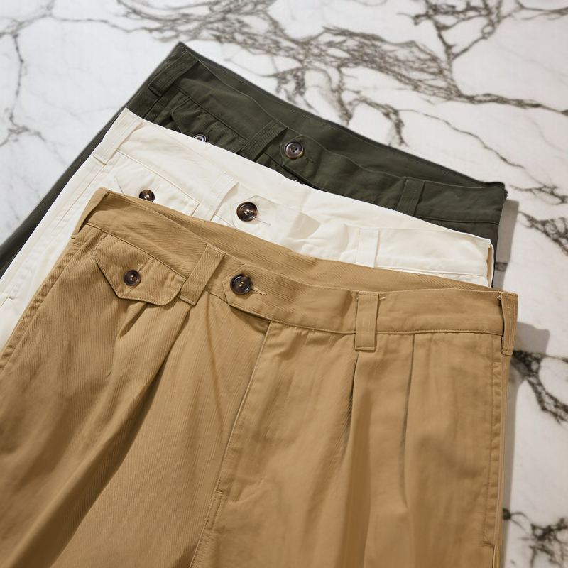 ベーシックなヘリンボーンHBTカーゴパンツ、4ポケットプリーツカジュアルパンツ、オールシーズンパンツ