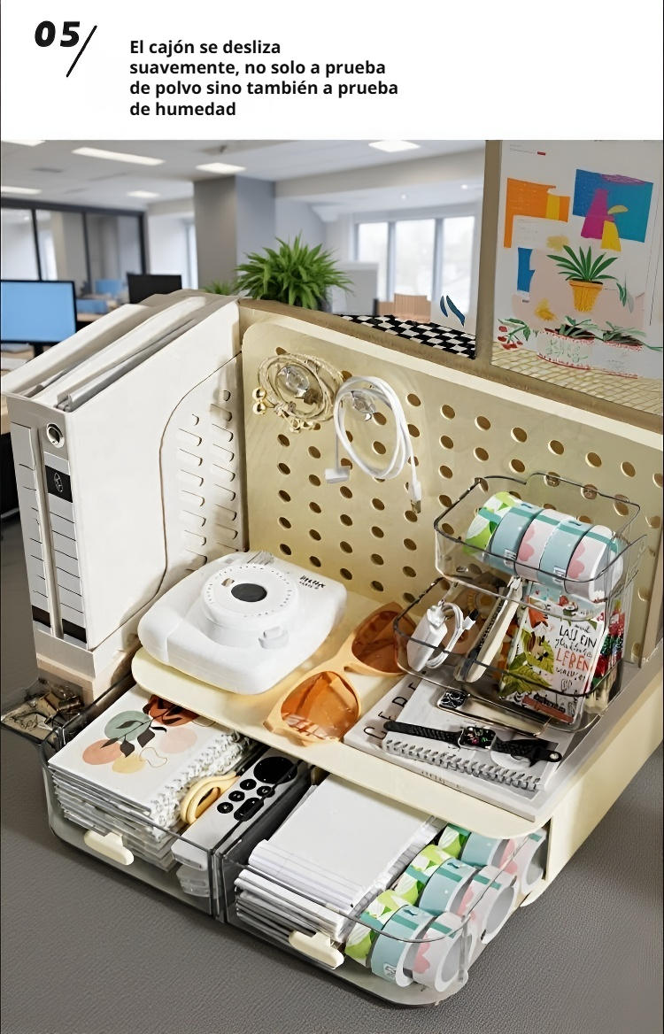 Espacio de trabajo organizado con escritorio vertical