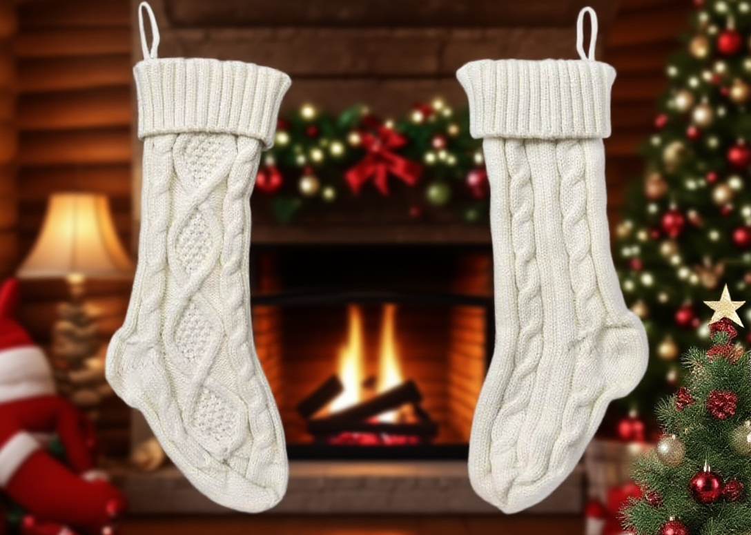 毛線聖誕長筒襪掛在壁爐裝飾