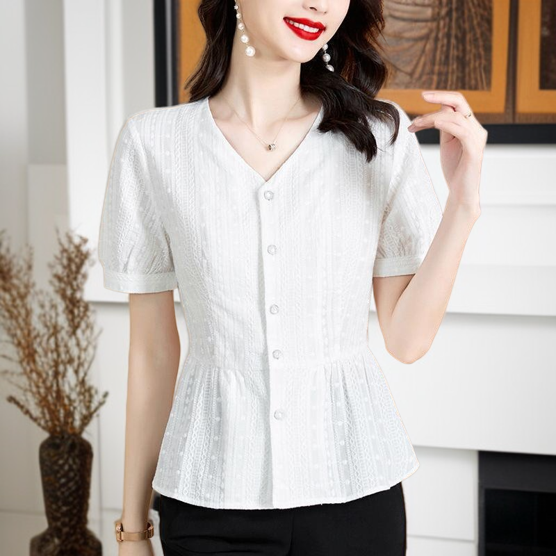 여름 신상 패셔너블하게 배를 가리는 중년 엄마 허리띠를 줄여 날씬해 보이는 블라우스녀